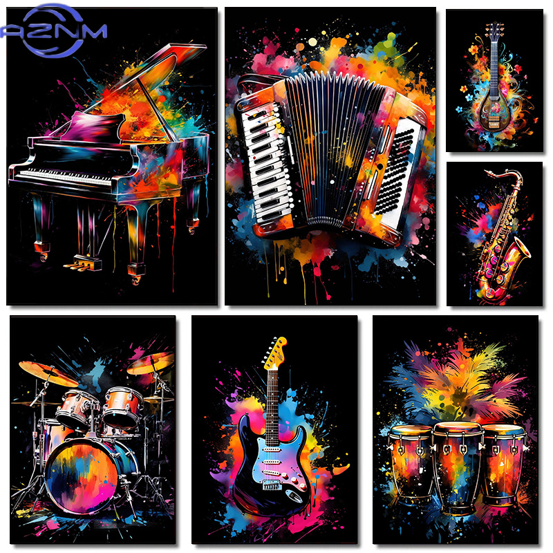 Musical Instrument Painting - Classic Fashion Instruments Piano Guitar Music